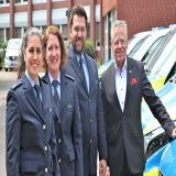 Gruppenbild: Polizeioberrätin Aylin Sözen, Erste Polizeihauptkommissarin Ilona Schliebs und Polizeihauptkommissar Christof Oppermann stellten sich gemeinsam mit Landrat Hans-Jürgen Petrauschke und dem Leitenden Polizeidirektor Georg Lehnen (nicht im Bild) den Fragen der Presse